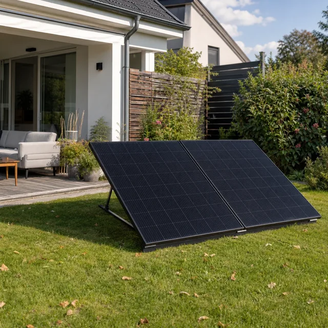 KI-generierte Darstellung von zwei Solarmodulen im Garten